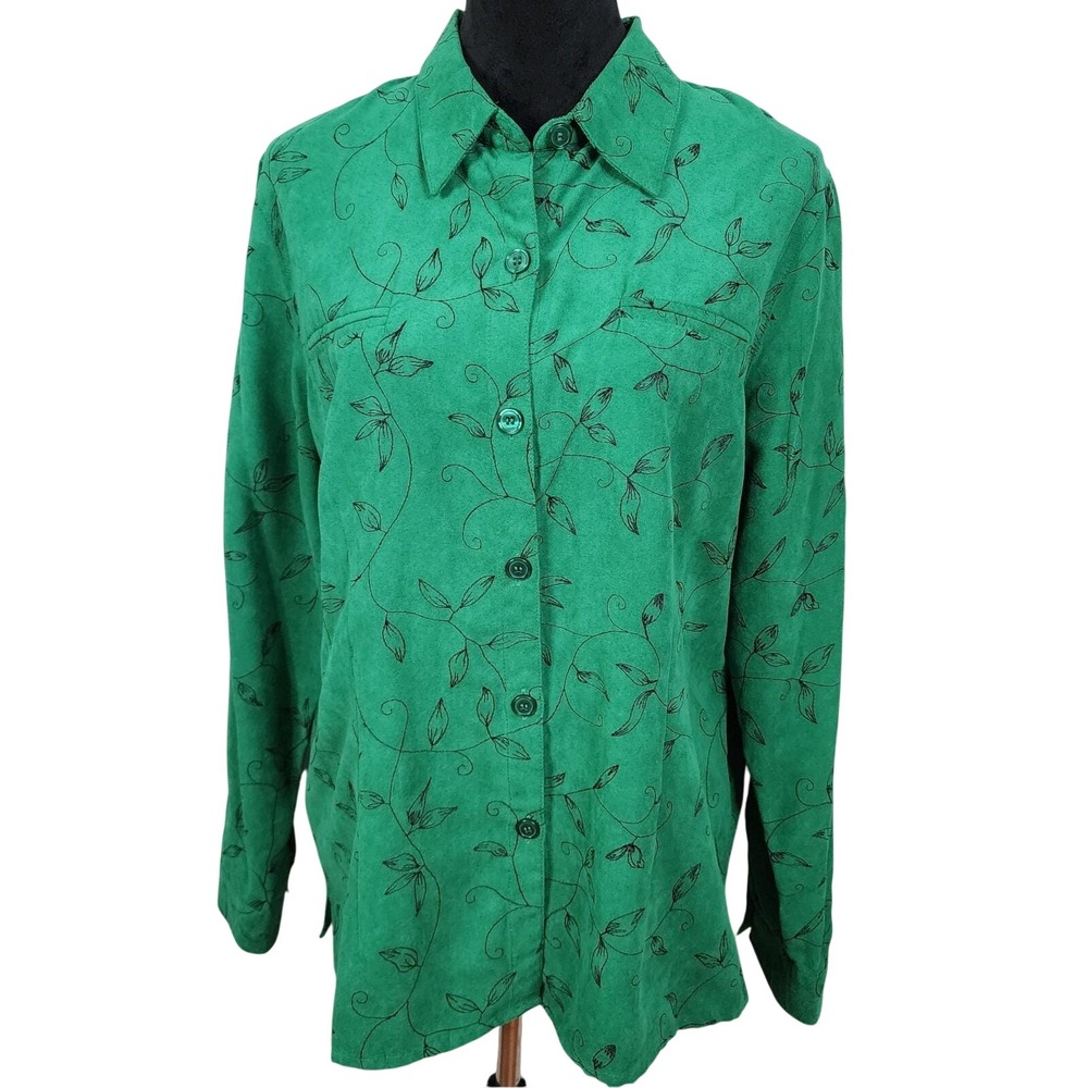 SAG HARBOR Size 14 Green Floral Embroidered Microsuede Long Sleeve Button Up Top